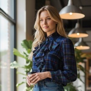 NWT Blue Red Tartan Plaid Ruffle Jabot Blouse  Bow Neck Ruffle Top Blouse